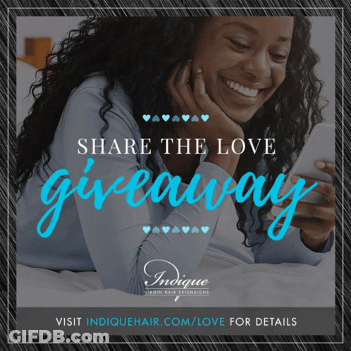 An Advertisement For Virgin Hair Extensions With A Woman Smiling And The Words Share The Love Giveaway GIF