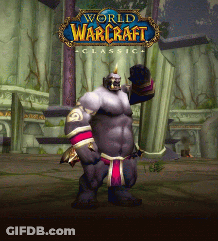An Advertisement For World Of Warcraft Classic Shows A Large Orc Holding A Sword GIF