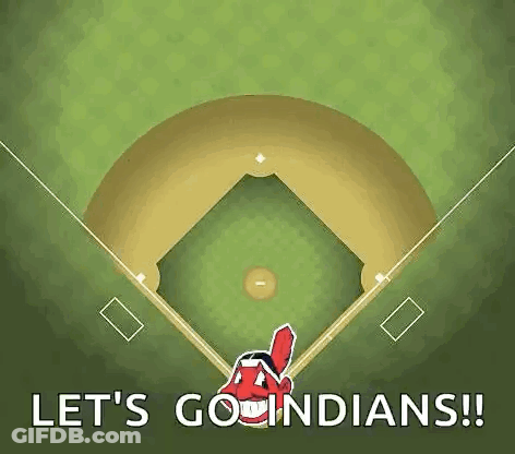 An Aerial View Of A Baseball Field With The Words `` Let 'S Go Indians '' On It . GIF