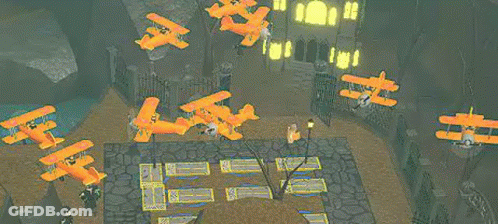 An Aerial View Of A Castle With A Lot Of Planes Flying Around It . GIF