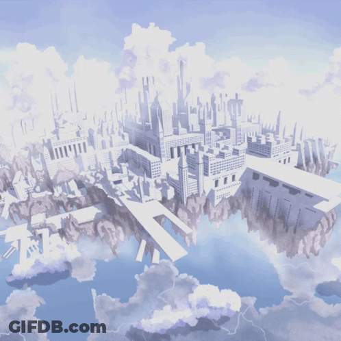 An Aerial View Of A City Floating In The Air GIF