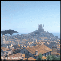 An Aerial View Of A City With A Dragon Flying Overhead GIF