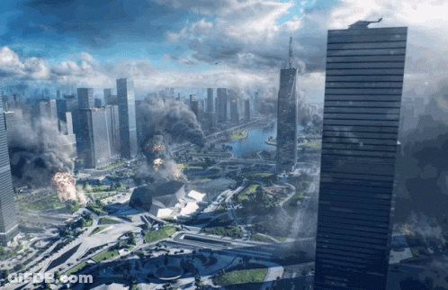 An Aerial View Of A City With Smoke Coming Out Of The Skyscrapers GIF