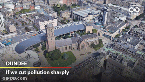 An Aerial View Of A City With The Words " If We Cut Pollution Sharply " Below It GIF