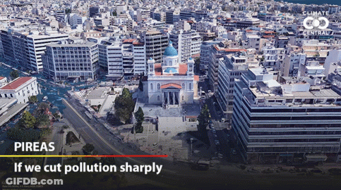 An Aerial View Of A City With The Words " If We Cut Pollution Sharply " Below It GIF