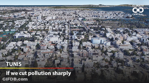 An Aerial View Of A City With The Words " If We Cut Pollution Sharply " Below It GIF