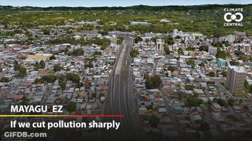 An Aerial View Of A City With The Words If We Cut Pollution Sharply On The Bottom GIF