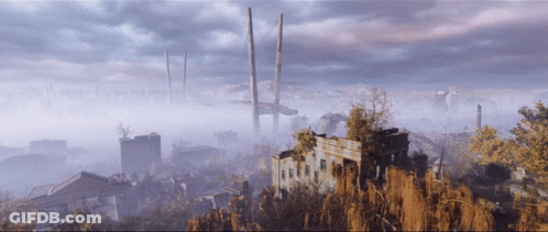An Aerial View Of A Destroyed City With A Bridge In The Background GIF