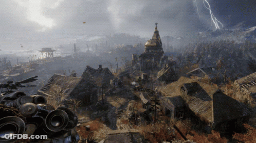 An Aerial View Of A Destroyed Village With A Lightning Strike In The Distance GIF