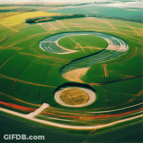 An Aerial View Of A Field With A Question Mark In The Center GIF