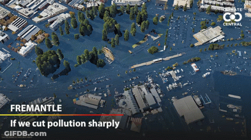 An Aerial View Of A Flooded City With The Words " If We Cut Pollution Sharply " At The Bottom GIF
