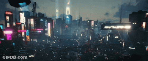An Aerial View Of A Futuristic City At Night With A Coca Cola Sign In The Foreground GIF