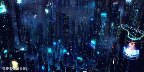 An Aerial View Of A Futuristic City At Night With A Sign That Says ' Tokyo ' GIF
