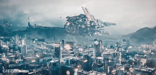 An Aerial View Of A Futuristic City With A Large Ship In The Background GIF