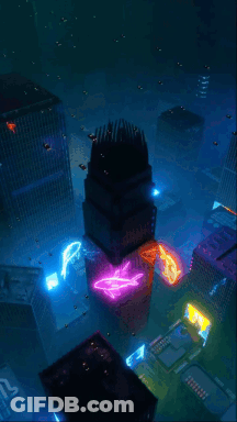 An Aerial View Of A Futuristic City With Neon Lights And A Sign That Says ' A ' On It GIF