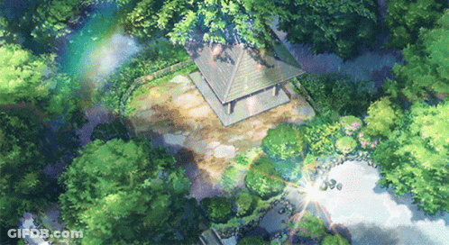 An Aerial View Of A Gazebo Surrounded By Trees GIF