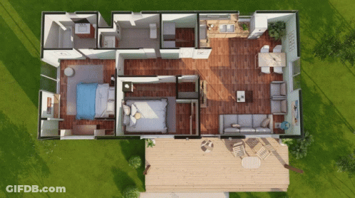 An Aerial View Of A House With A Bedroom And A Couch GIF
