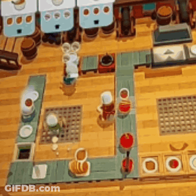 An Aerial View Of A Kitchen In A Video Game With A Conveyor Belt . GIF