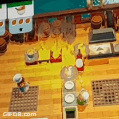 An Aerial View Of A Kitchen In A Video Game With Plates , Bottles , And A Fire . GIF