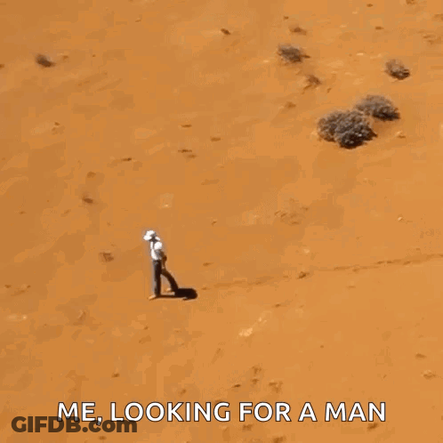 An Aerial View Of A Man Walking In The Desert With The Words `` Me , Looking For A Man '' Written Below Him . GIF