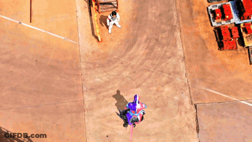 An Aerial View Of A Person Standing In Front Of A Purple Square GIF