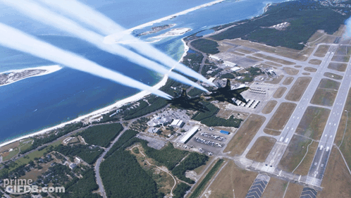 An Aerial View Of A Plane Flying Over A Runway With The Word Prime On The Bottom GIF