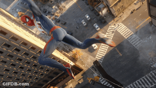 An Aerial View Of A Spider-Man Jumping Over A City Street GIF