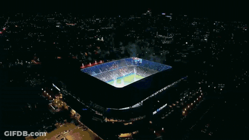 An Aerial View Of A Stadium That Says Real Stadium On The Side GIF