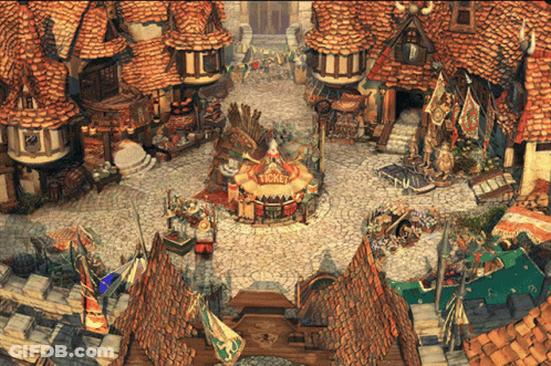 An Aerial View Of A Town With A Ticket Booth In The Center GIF