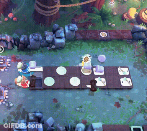 An Aerial View Of A Video Game With A Table With Plates On It And A Purple Item On It GIF