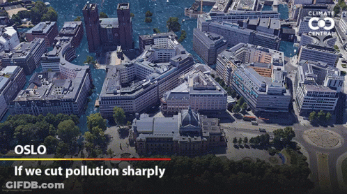 An Aerial View Of Oslo With The Words " If We Cut Pollution Sharply " Below It GIF
