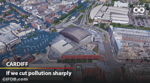 An Aerial View Of The City Of Cardiff With The Words If We Cut Pollution Sharply GIF