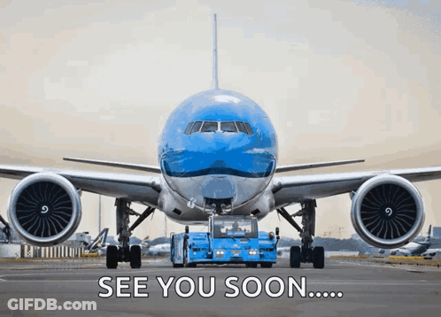 An Airplane Is Being Towed On A Runway With The Words See You Soon GIF
