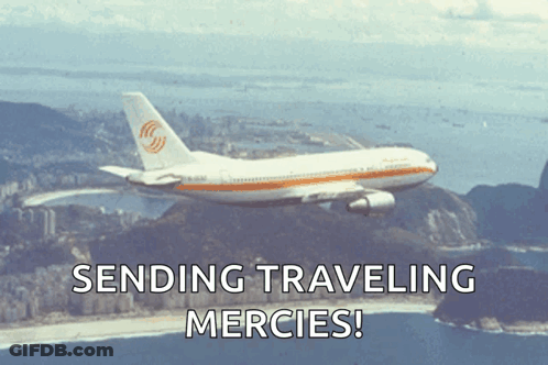 An Airplane Is Flying Over A Beach With The Words Sending Traveling Mercies GIF
