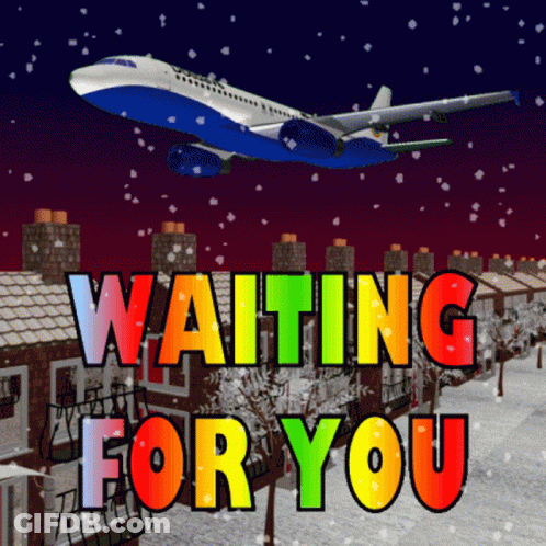 An Airplane Is Flying Over A Snowy Residential Area And The Words Waiting For You Are Displayed GIF