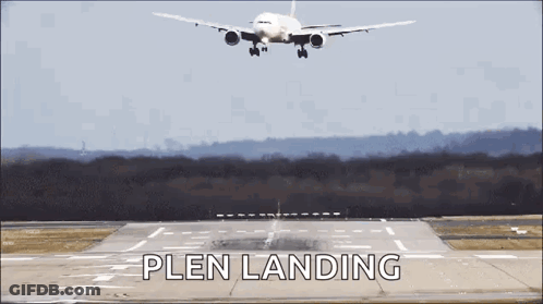 An Airplane Is Taking Off From An Airport Runway And The Words Plen Landing Are Visible GIF