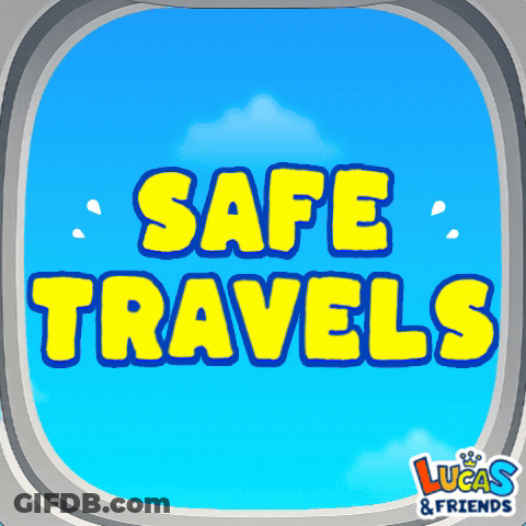 An Airplane Window With The Words Safe Travels In Yellow Letters GIF