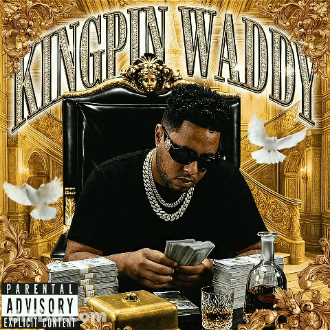 An Album Cover For Kingpin Waddy Shows A Man Sitting In A Throne GIF