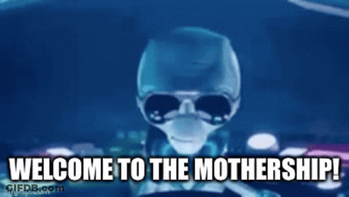An Alien Is Wearing Sunglasses And A Helmet And Says Welcome To The Mothership . GIF
