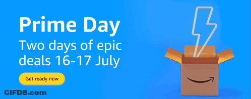 An Amazon Box With A Lightning Bolt Coming Out Of It Says Prime Day Two Days Of Epic Deals 16-17 July GIF