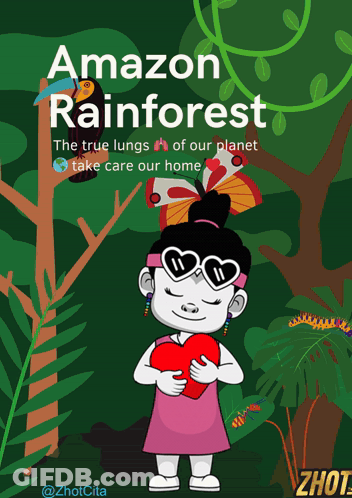 An Amazon Rainforest Poster With A Girl Holding A Red Heart GIF