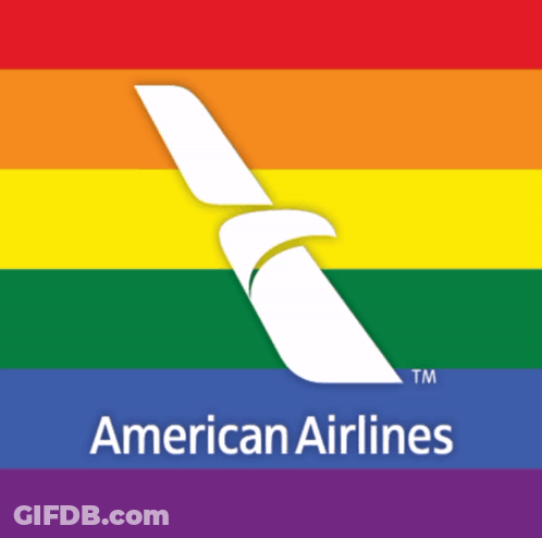 An American Airlines Logo With A Rainbow Flag Behind It GIF