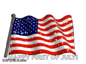 An American Flag Waving In The Wind With The Words Happy First Of July Written Below It GIF