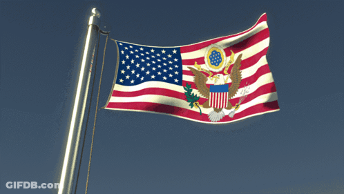 An American Flag With A Coat Of Arms On It Is Flying In The Wind GIF
