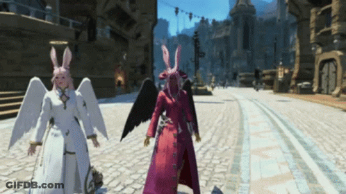 Angel And Demon Standing On Cobblestone Street GIF