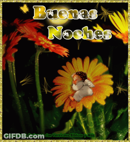 An Angel Is Sleeping On A Yellow Flower With The Words Buenas Noches Written Above It GIF