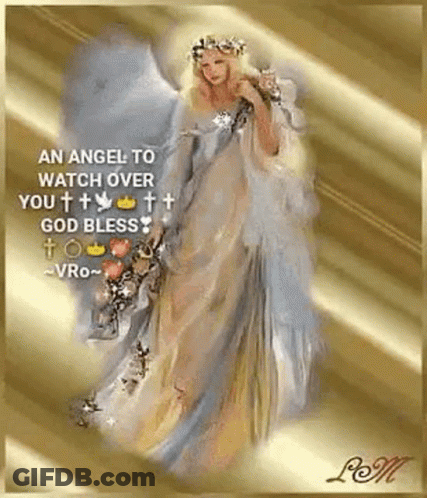 An Angel Is Standing In The Clouds With A Crown Of Flowers On Her Head . GIF