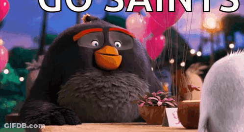 An Angry Bird From The Movie The Angry Birds Is Sitting At A Table With Balloons . GIF