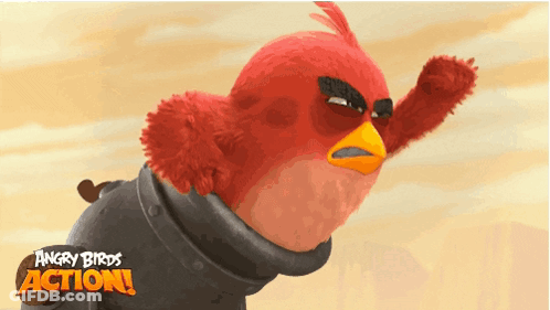 An Angry Birds Action Poster With A Red Bird In A Knight Costume GIF