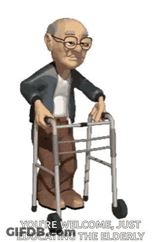 An Animated Cartoon Of An Elderly Man Using A Walker . GIF